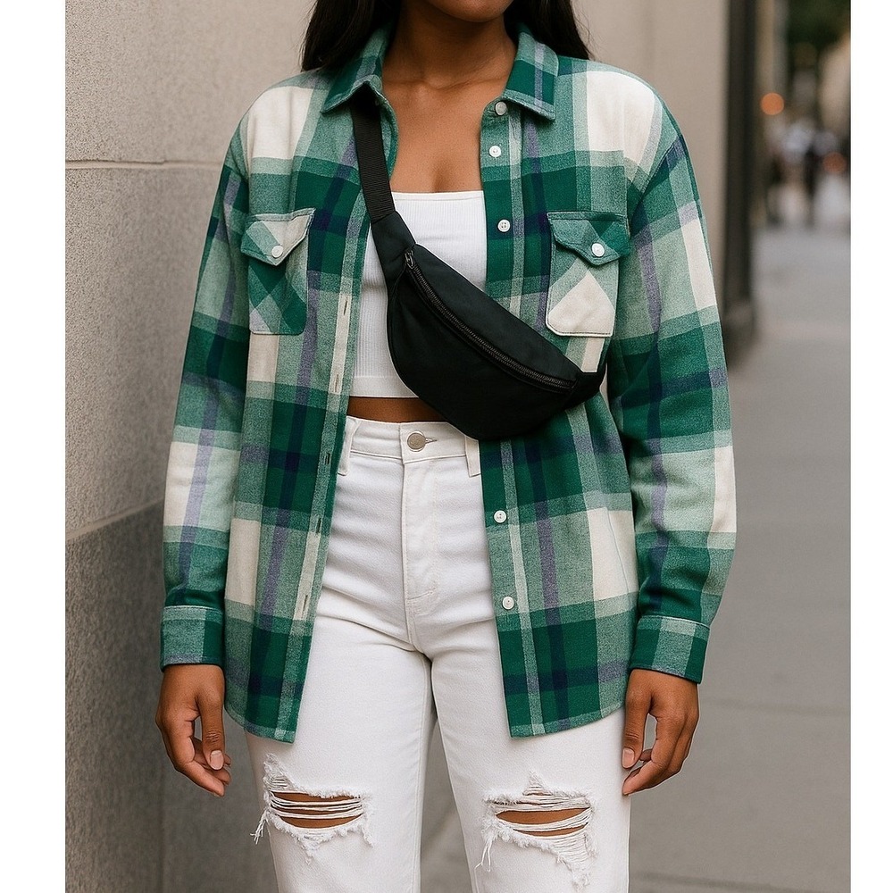 New Small Long Plaid Button Up Flannel Long Sleeve Top Blouse Down Fall Green